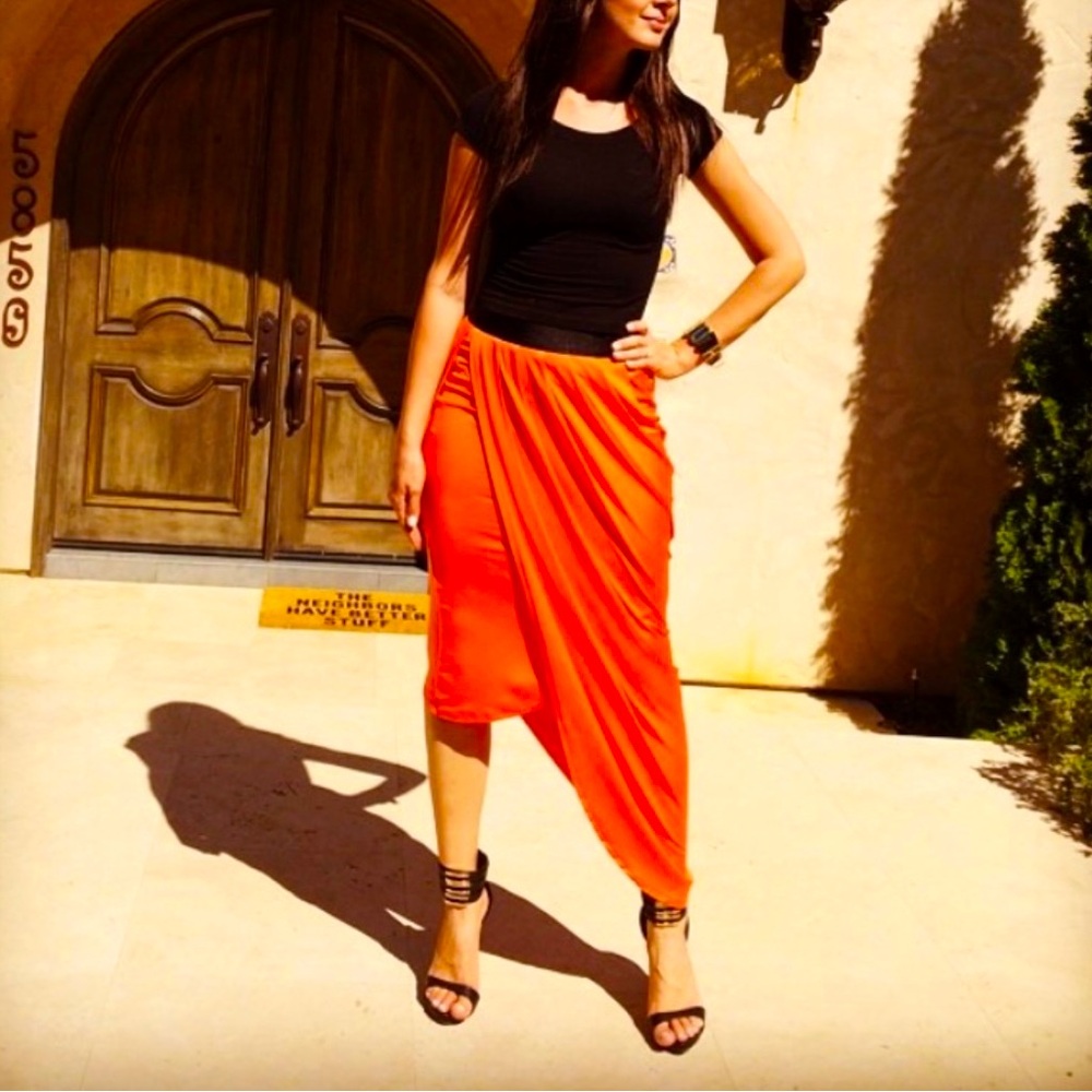 Guess Slit Wrap Orange Asymmetrical Elastic High Waist Maxi Draped Skirt XS